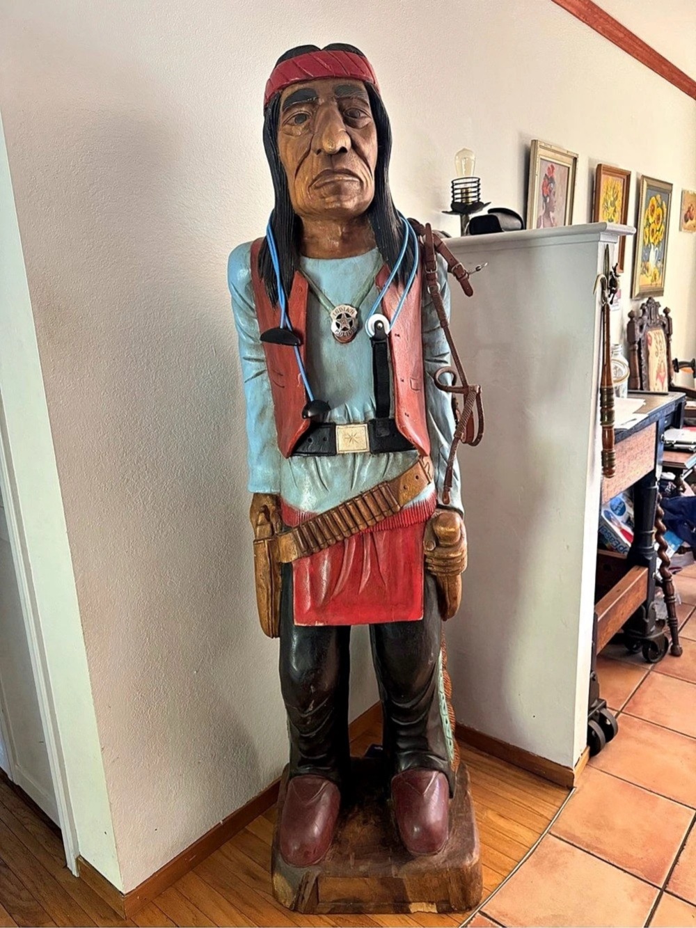 Native American Warrior Figurine Decor, Brown & Blue